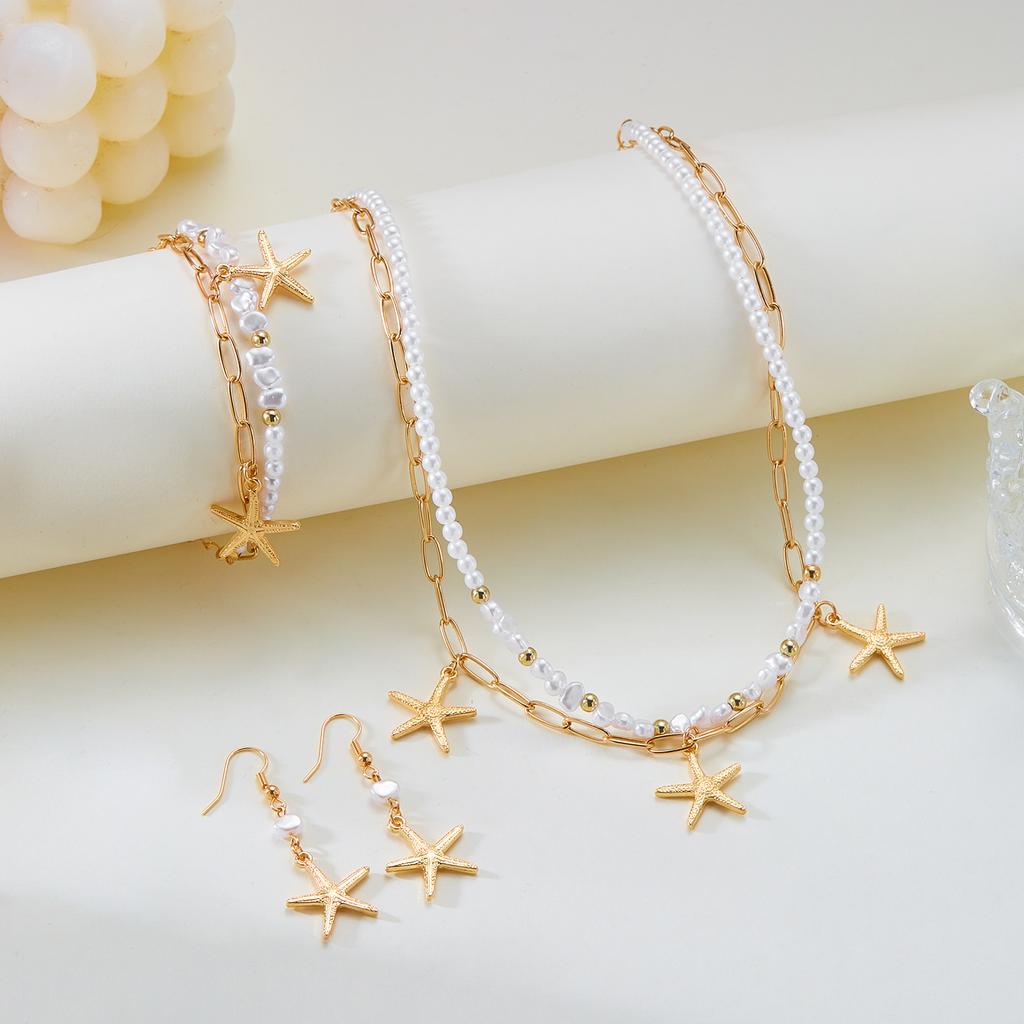 Bohemian Imitation Pearl Choker Necklace for Women Handmade Starfish Pendant Bracelet Earrings Girls Summer Beach Jewelry Set
