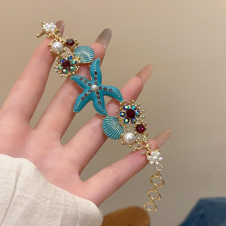 Seaside Vacation Style Pearl Starfish Shell Women's Bracelets New Inlaid Rhinestone Bracelet High-end Luxury Designer Zircon