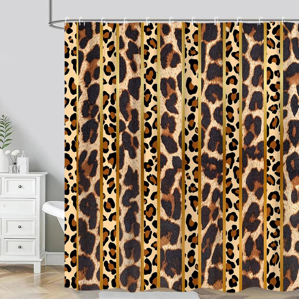 Leopard Textured Shower Curtain, Vintage Striped Brown Floral Creative Geometric Modern Plants Polyester Bathroom Decor Curtain