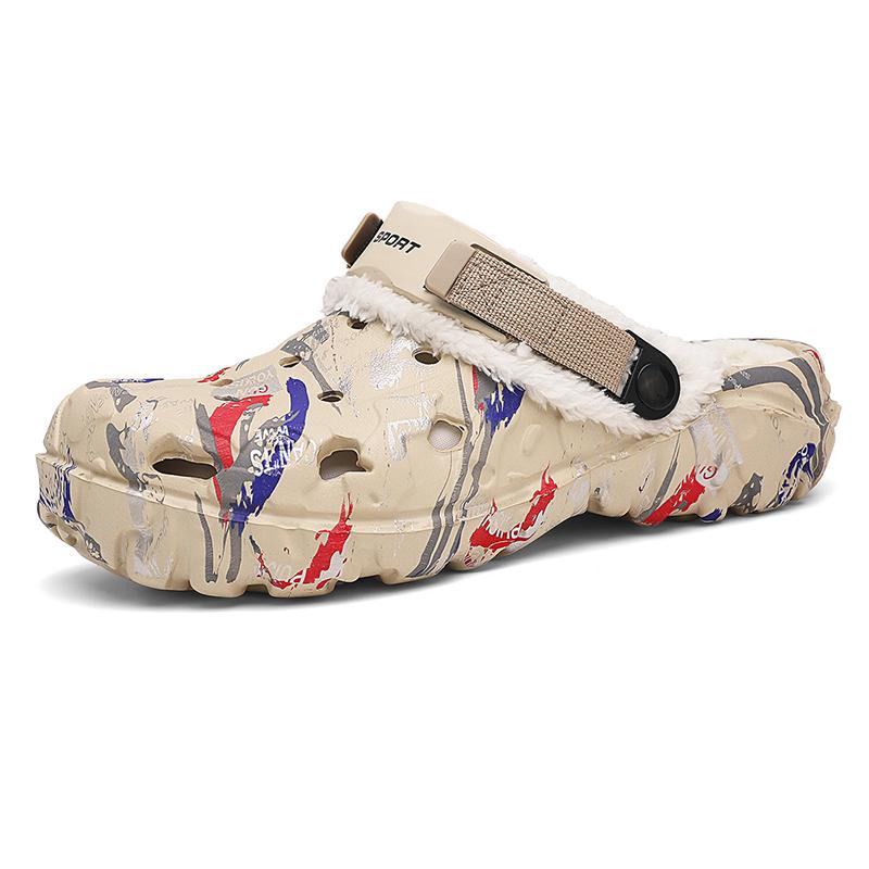 Herbst und Winter Herren Baumwoll-Schlupfschuhe mit Fleecefutter für draußen, Geschlossene warme Sandalenschuhe, Tägliche Schlupfschuhe