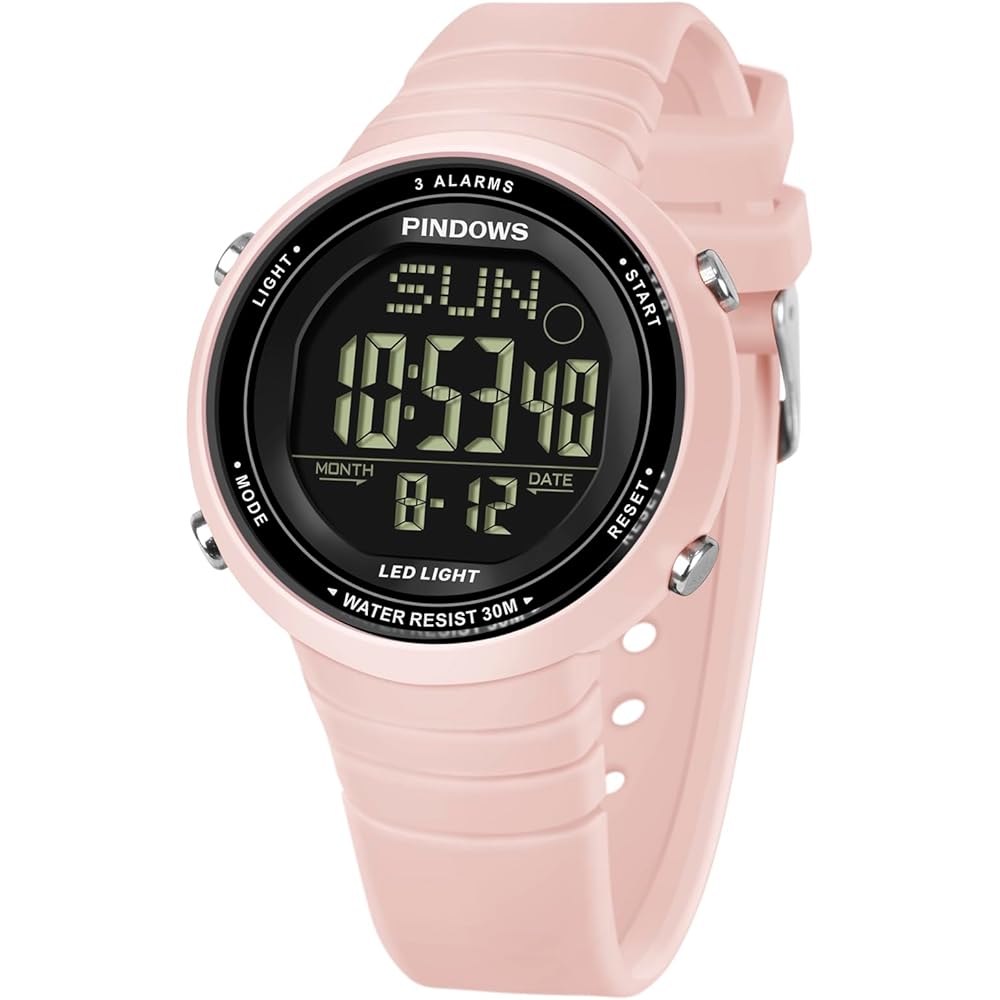 PINDOWS Women's Digital Sports Watch 30m Water Resistant LED Backlight 3 Alarms Stopwatch Countdown Timer