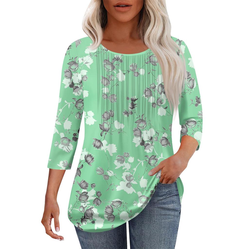 Women's Fashionable Casual Pleated Round Neck Casual Floral Print Seven Quarter Sleeved T-shirt Top