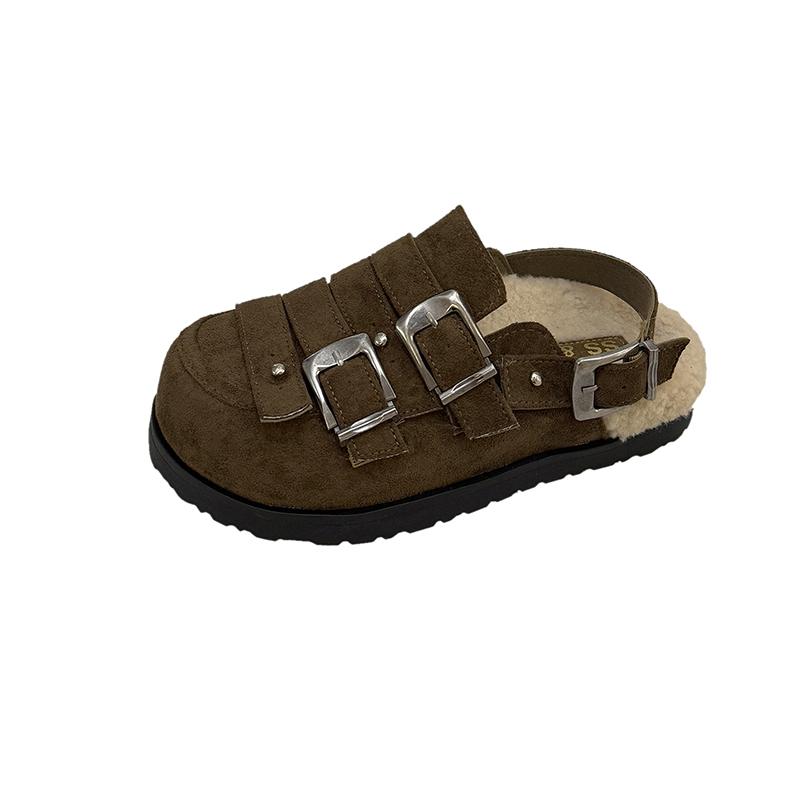 Autumn 2025 New Metal Buckle Big Head Lamb Wool Shoes Baotou Platform Slip-proof Semi-drag