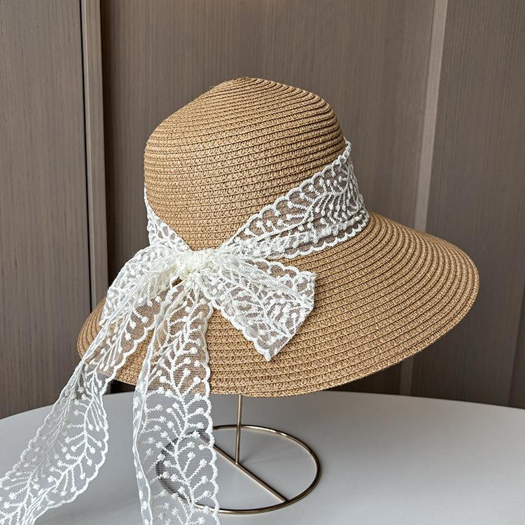 Lace Bow Straw Woven Fisherman's Hat Women Summer Travel Sun Protection Sun Hat Seaside Beach Hat Straw Hat