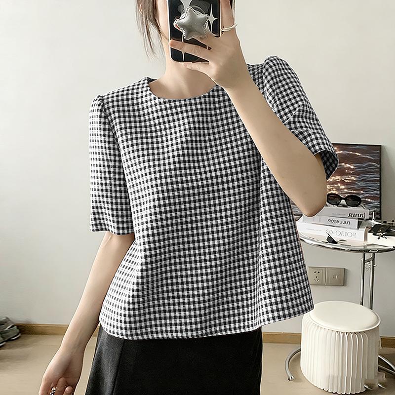 ZANZEA Women Casual Round Neck Grid Print Summer Short Sleeve Blouse