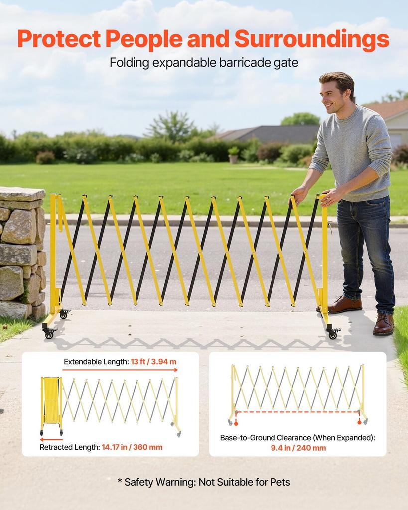 Industrial Expandable Barricade, 3.94m Expandable Safety Barrier, Flaxible Mobile Barricade with Locking Casters, Portable Folding Security Gate