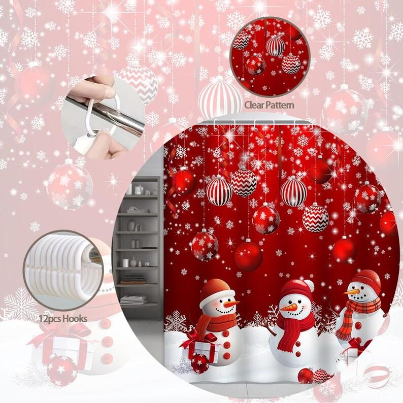 Snowman Red Ornaments Christmas Shower Curtain With Hooks, Merry Holiday Bathroom Decor For Festive Winter Celebration