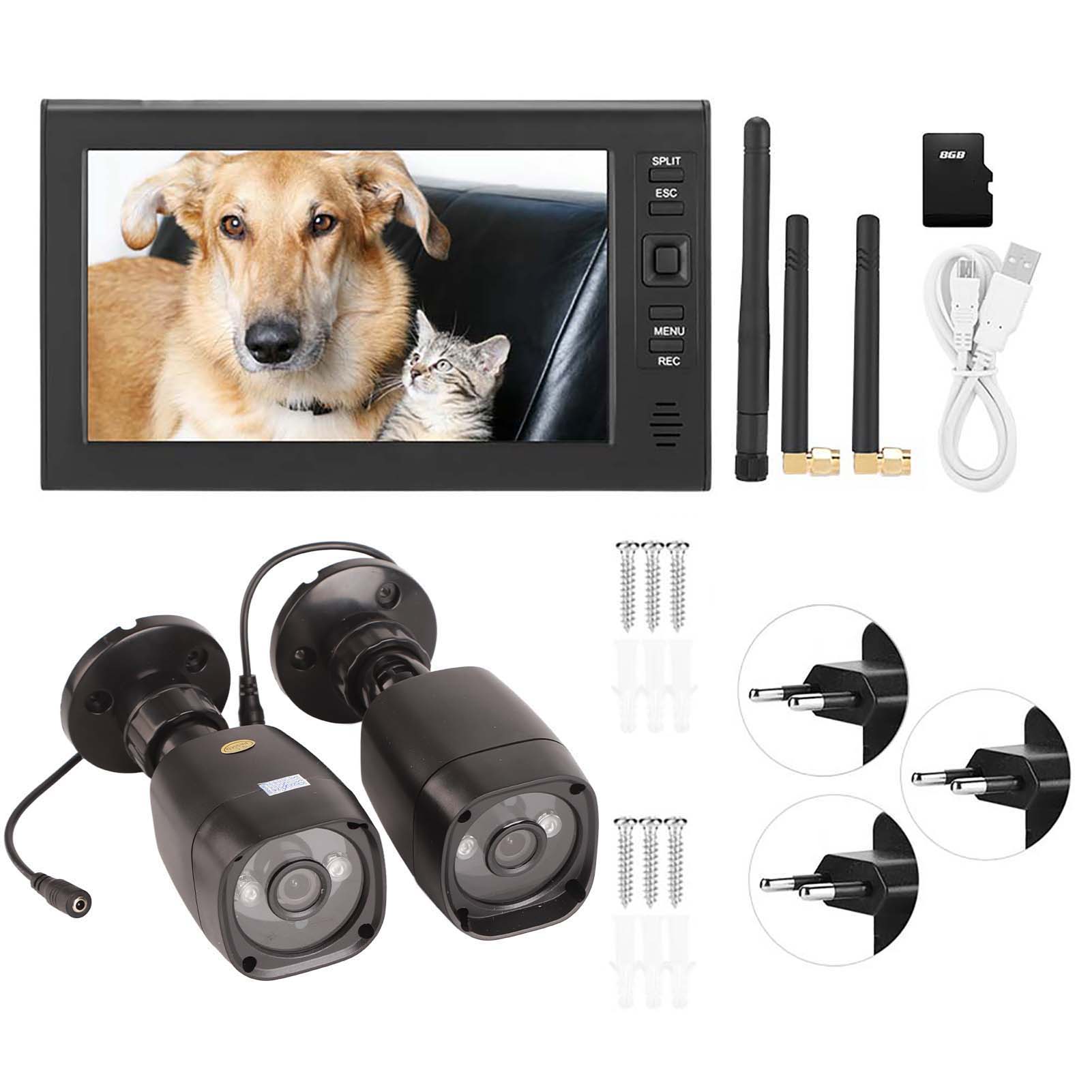 

7 Inch LCD Wireless 4CH Security Monitor System Display+Camera 2pcs IR Cameras Memory Card