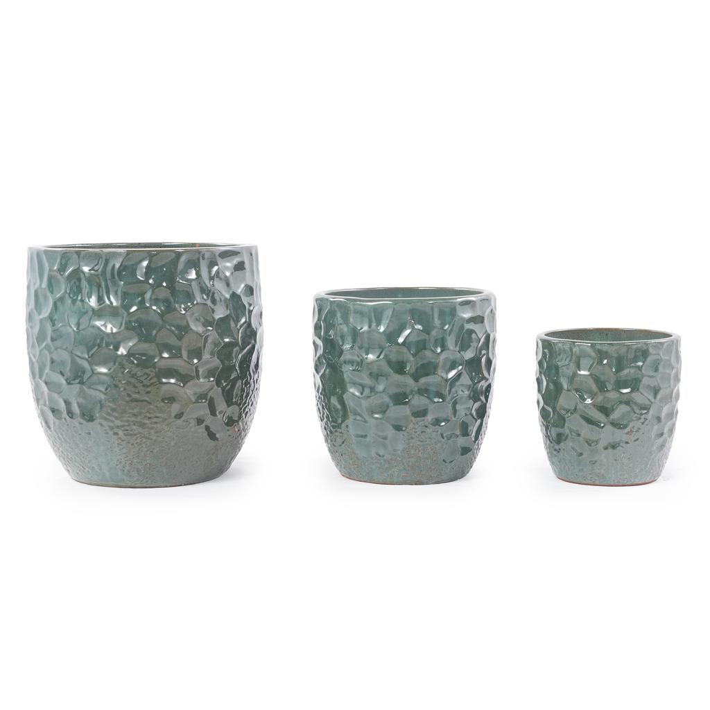 Handcrafted Ceramic Plant Pot diameter 38 cm, Glossy Dark Green with Hammered Relief