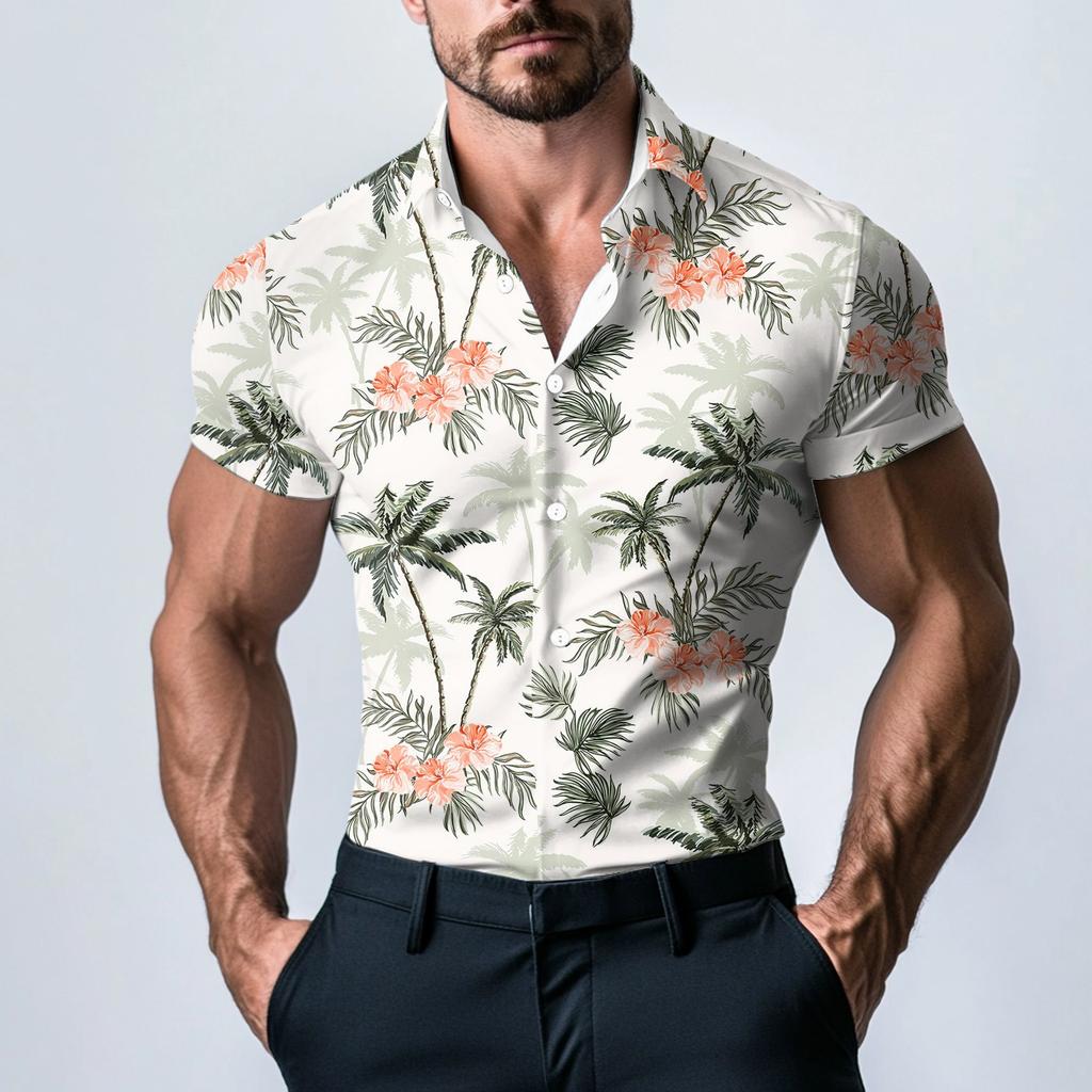 Men's Fashion Printed Satin Short Sleeve Shirt Top