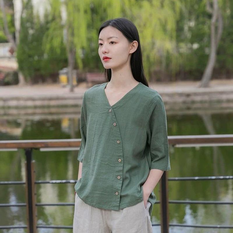 Women V Neck Asymmetric Button Half Sleeve Linen Cotton Blend Blouse M