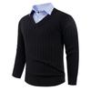 Men's Solid-color Casual V-neck Pullover Knitted Sweater With Two Striped Neck Sweaters