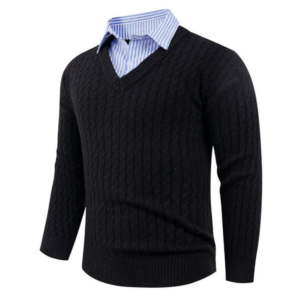 Men's Solid-color Casual V-neck Pullover Knitted Sweater With Two Striped Neck Sweaters