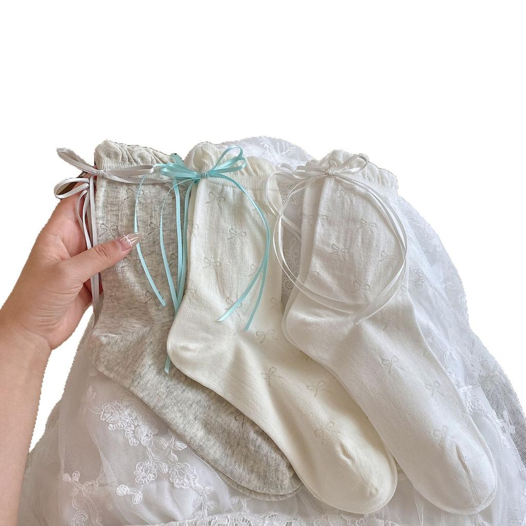 Boneless Anti-Pilling Ribbon Fluttering Thin Mesh Breathable Stack Socks For Girls Cute Girl Bow Socks