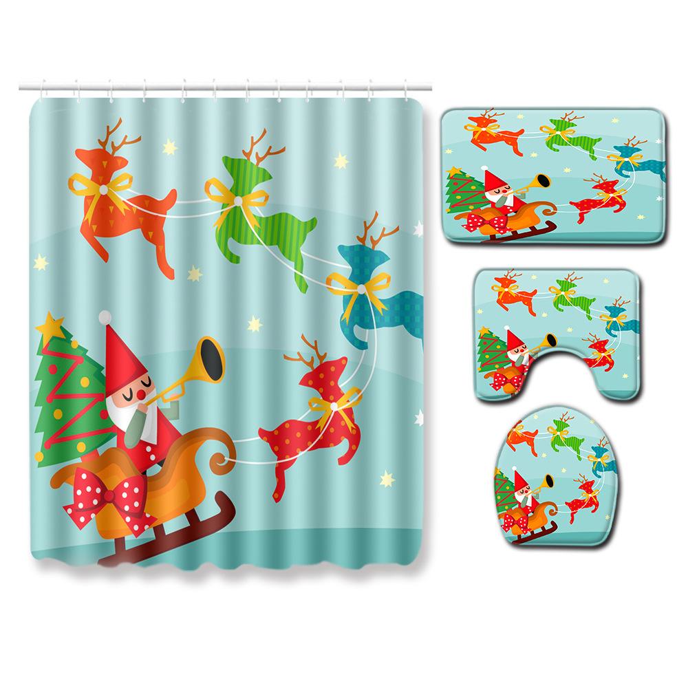 Christmas Shower Curtain Polyester Cloth Toilet Seat Four-Piece Set Entrance Door Mat Bedroom Living Room Floor Mat Carpet
