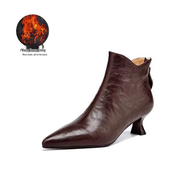 Women's V-Cut Stiletto Heel Ankle Boots, Pointed Toe, Fleece-Lined, Back Zipper - 2025 Autumn/Winter Collection.
