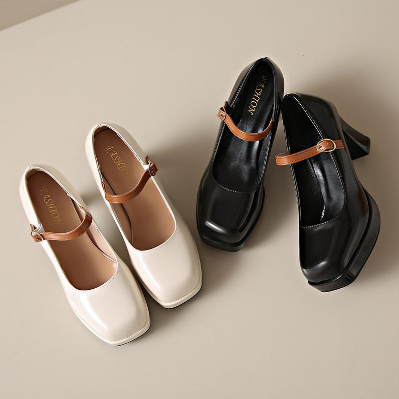 Fashion Aphixta Patent Leather 8cm Square Heels Mary Janes Buckle Straps Platform Women Shoes Elegant Pumps Size 44 tacones para mujer
