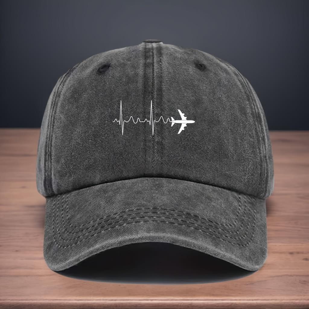 A Baseball Cap with a Printed Simple Line Drawing of an Airplane At the End Suitable for Outdoor Activities Vacations Relaxat