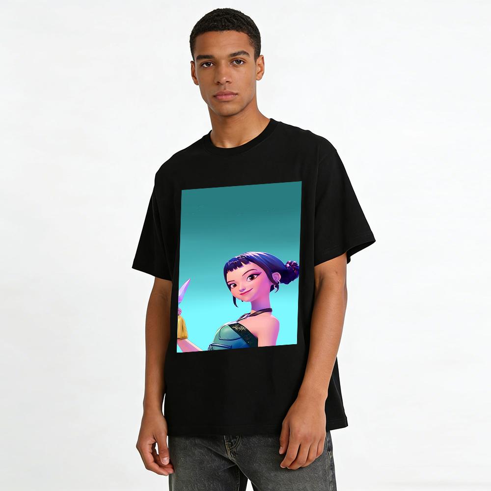 Chinese Style Mulan Cartoon Print T-Shirt Loose Casual Unisex Daily Wear Top Pure Cotton T-shirt