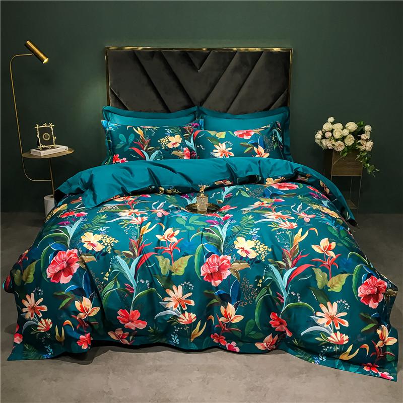 140TC Egyptian Coton Floral Bird Printing Beding Set, Soft Duvet Cover, Bed Shet, Pilowcases, American Style, High-End Premium 4Pcs