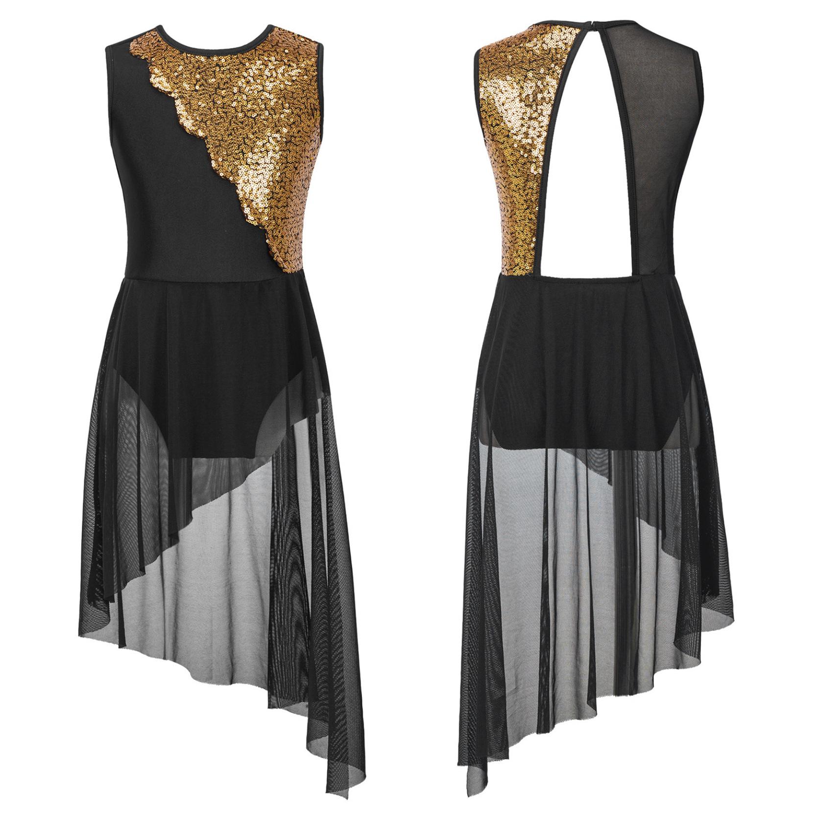 

Танцювальне купальник з нерегулярним подолом із сіткою в стилі печворк із ліричним балетом у стилі сучасного танцю для дівчинки без рукавів 5-6 Years чорний