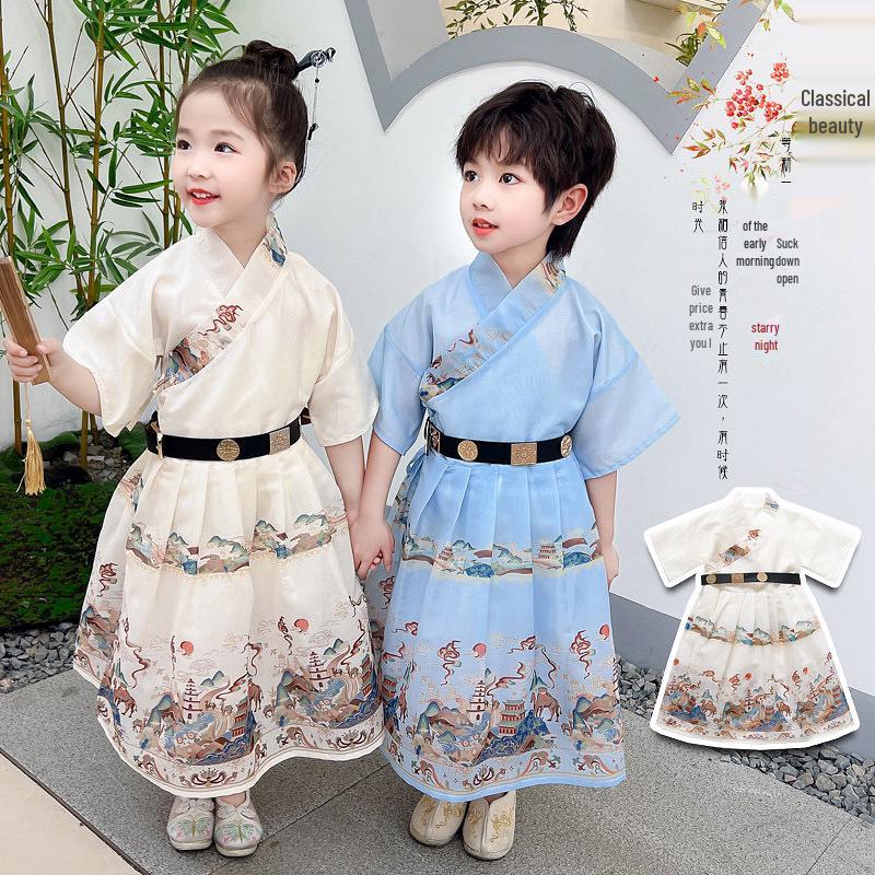 2024 Children's Day Caiyun Zhuiyue Hanfu: Short Sleeve Ancient Style Dress for Boys and Girls