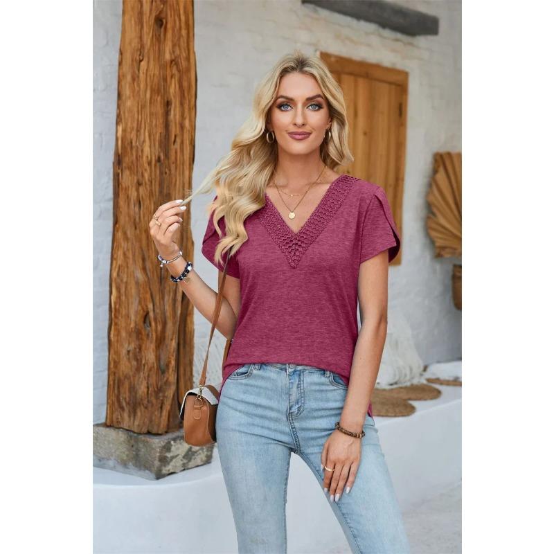 

Женская футболка с V-образным вырезом, пуловер, с короткими рукавами-лепестками, летняя, удобная, повседневная, однотонная, свободного кроя, женская элегантная футболка для работы XXL фуксия