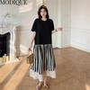 MODIQUE Sommerkleider für Damen in Übergröße, lockere, vielseitige A-Linie, Streifen, Patchwork, plissiertes Baumwoll-T-Shirt, lange Kleider für Damen, lässig, kurzärmelig, O-Ausschnitt