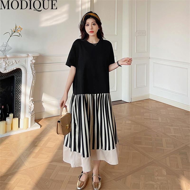 MODIQUE Sommerkleider für Damen in Übergröße, lockere, vielseitige A-Linie, Streifen, Patchwork, plissiertes Baumwoll-T-Shirt, lange Kleider für Damen, lässig, kurzärmelig, O-Ausschnitt