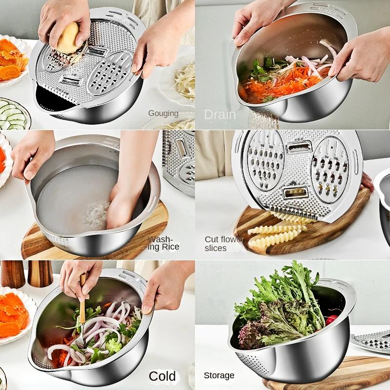 304 Stainless Steel Multifunctional Vegetable Cutter & Colander, Wavy Blade for Slicing/Shredding, Kitchen Drain Basket