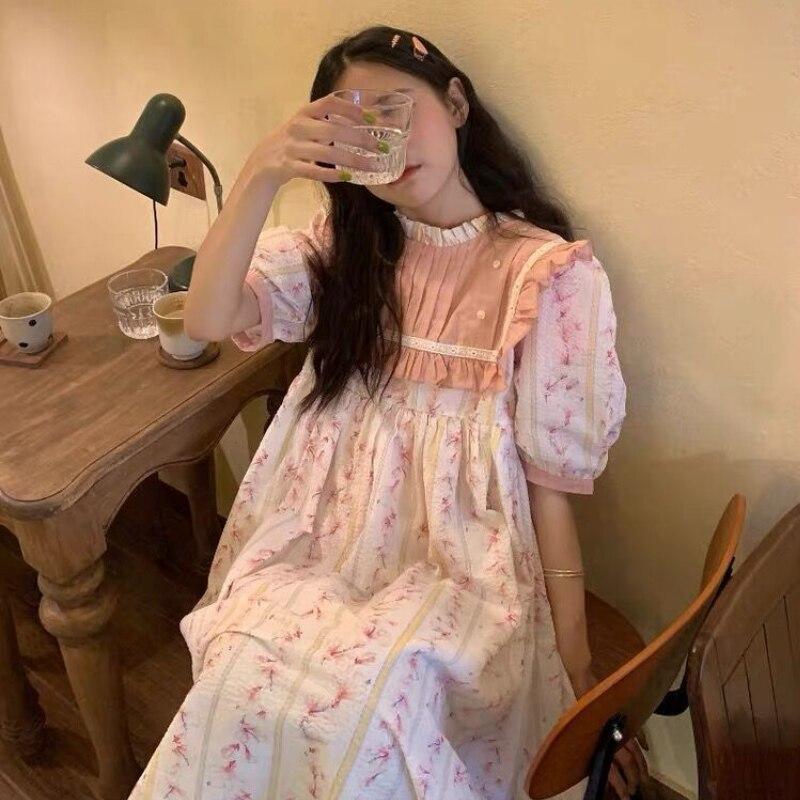 Dress Women A-line Lovely Girls Causal Students All-match Girlish Puff Sleeve Patchwork Sweet Female Design O-neck Ulzzang Chic