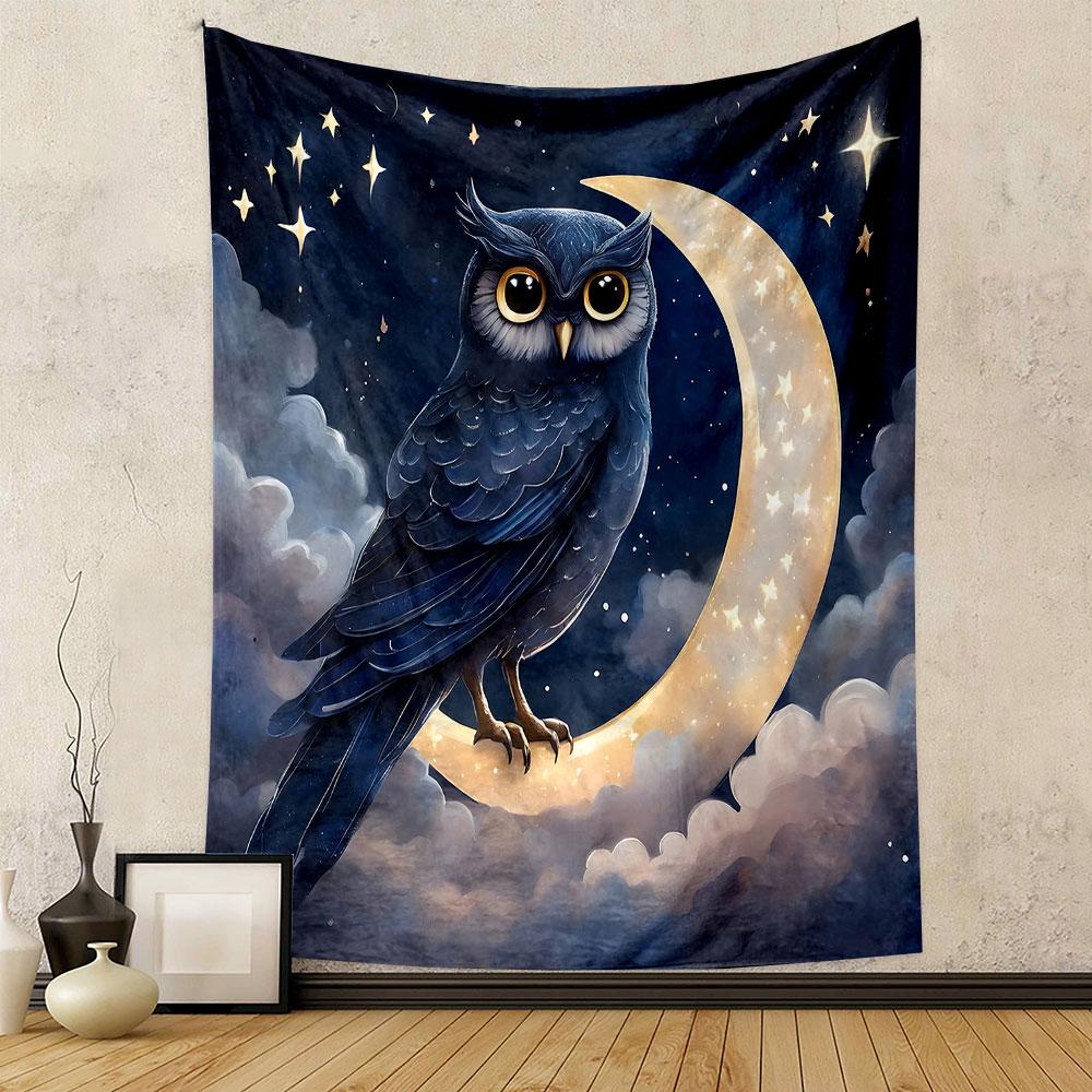 "Owl Perched on a Starry Crescent Moon" Patterned tapestry home decor, suitable for bedroom and living room, gift