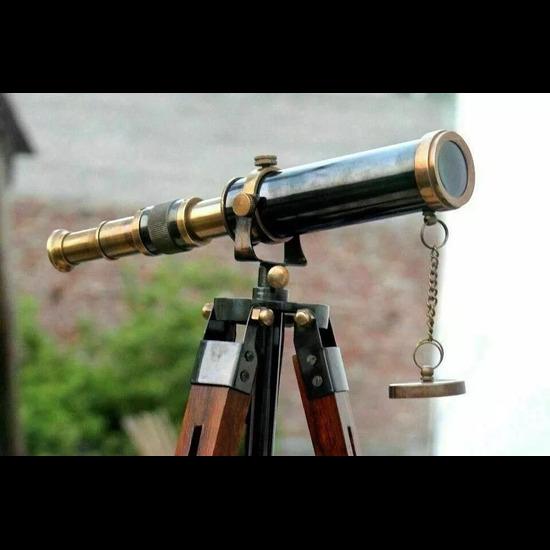 12" Telescope With Adjustable Wooden Tripod Stand Antique Finish