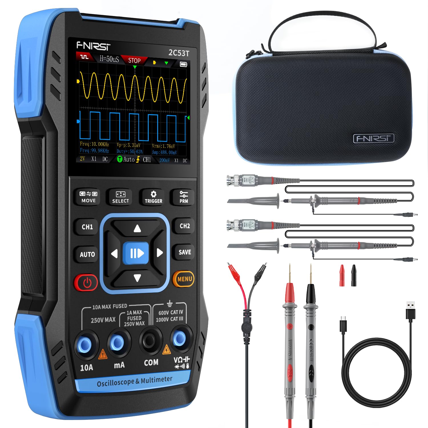 

FNIRSI 2C53T Oscilloscope 2ch 50Mhz Bandwidth Sample Rate 3 in1 Handheld Digital Oscilloscope True RMS Multimeter Signal Generator Portable