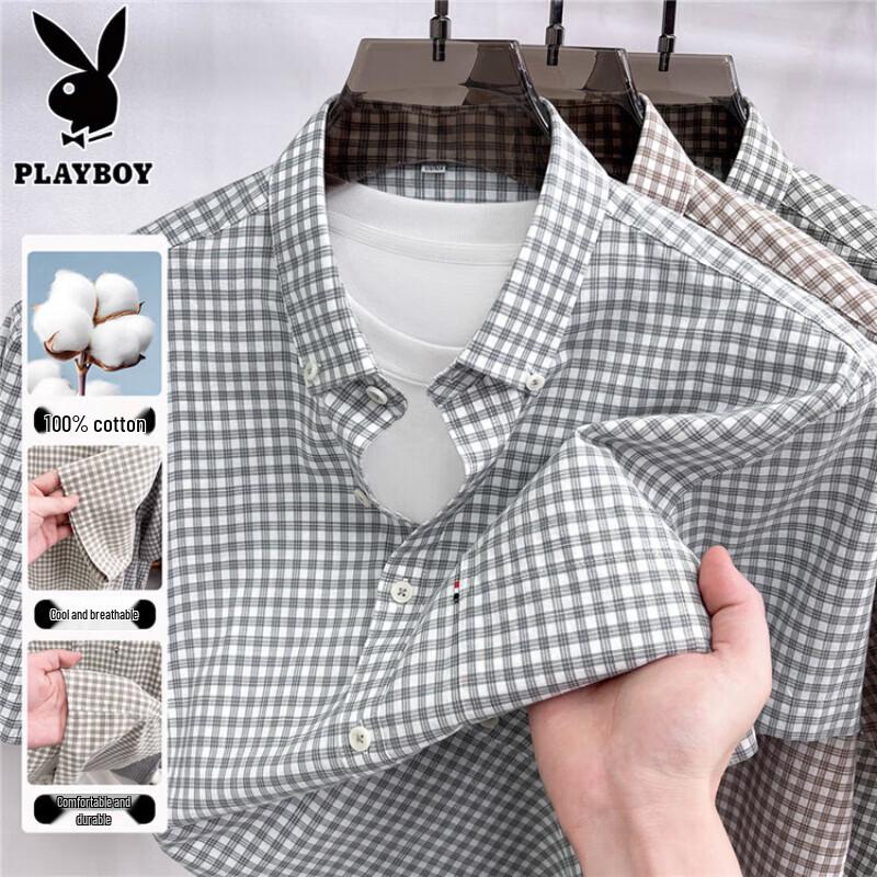 PLAYBOY Men s Plaid Cotton Short Sleeve Button-Down Shirt 3XL