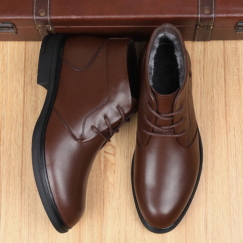 Fashion Pointed Toe Warm Plush Fur Men Boots Lace-Up Male Winter Ankle Boots Genuine Leather Business Botas High Quality Leisure Shoes