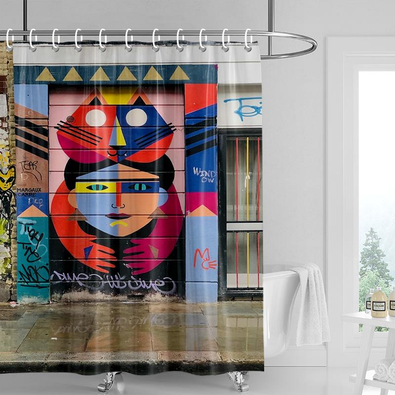 Vintage portrait shower curtain-black and white with orange decoration, distressed texture bathtub shower curtain