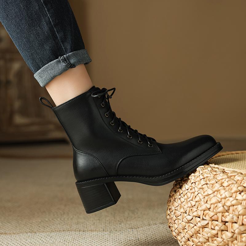 2024 New Autumn/Winter Genuine Leather Women Boots Pointed Toe Chunky Heels Boots for Women Short Boots Suqare Heel Ankle Boots