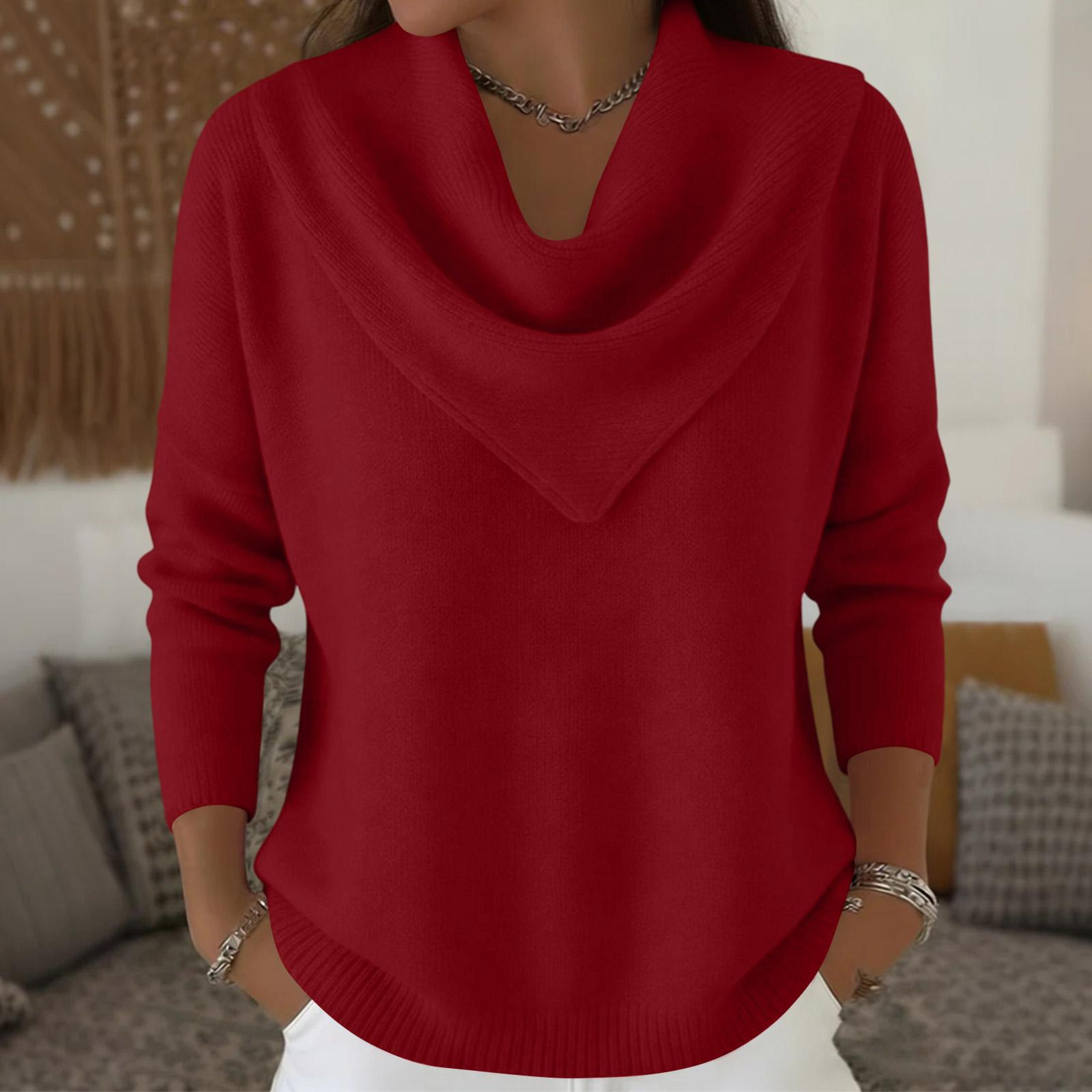 

Жіночий модний однотонний пуловер з круглим вирізом та довгими рукавами, в язаний светр-топ S червоний