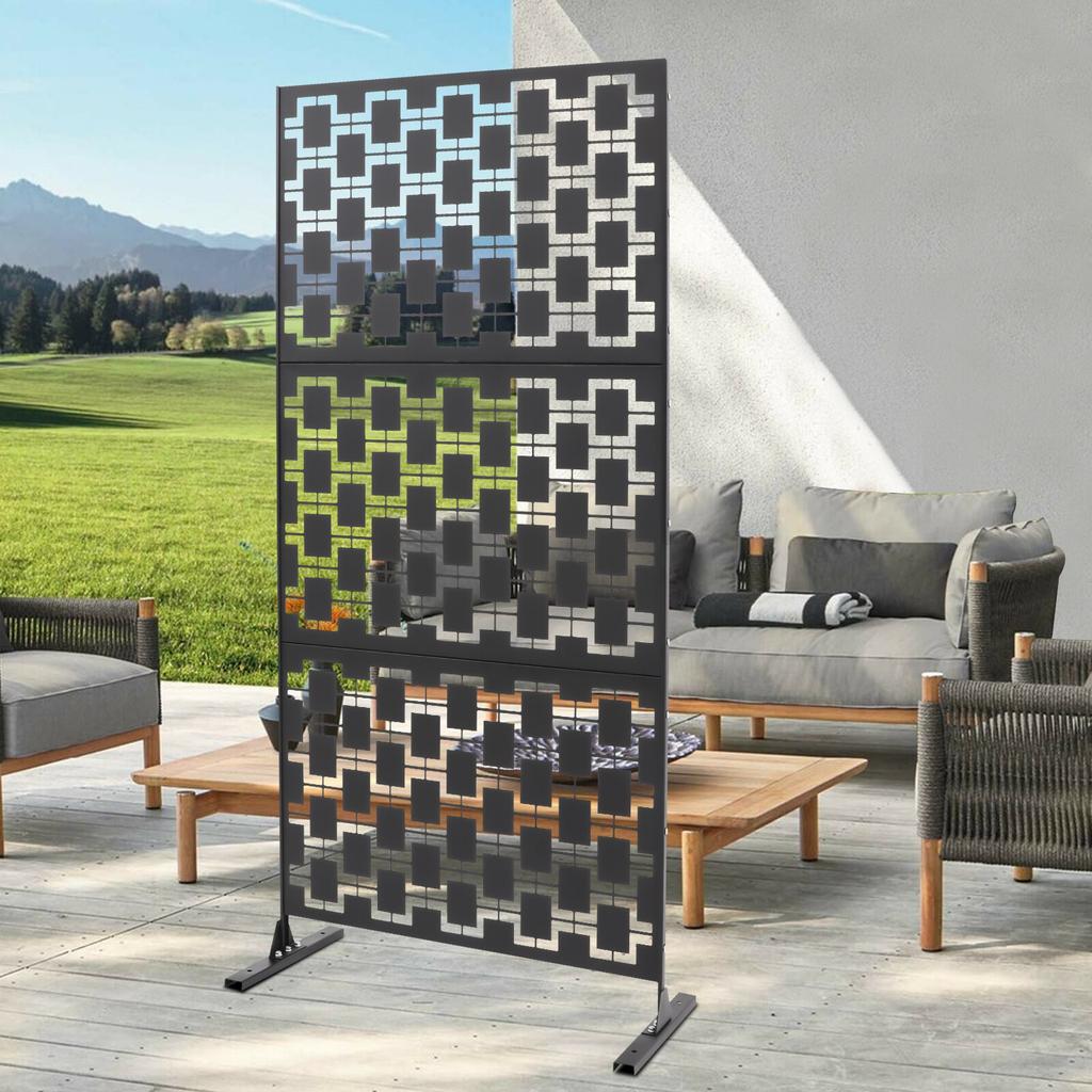 Modern Black Grid Privacy Screen Fence, Free Standing Outdoor Decorative Panel with Steel Frame, Metal Partition Wall for Garden