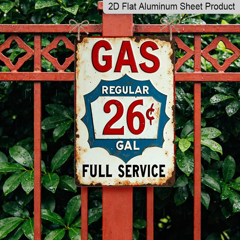 2D Flat 1pc Vintage Gas Station Aluminum Sign GAS REGULAR 26 GAL FULL SERVICE - Distressed Retro Wall Art for Garage, for Man Cave, Diner