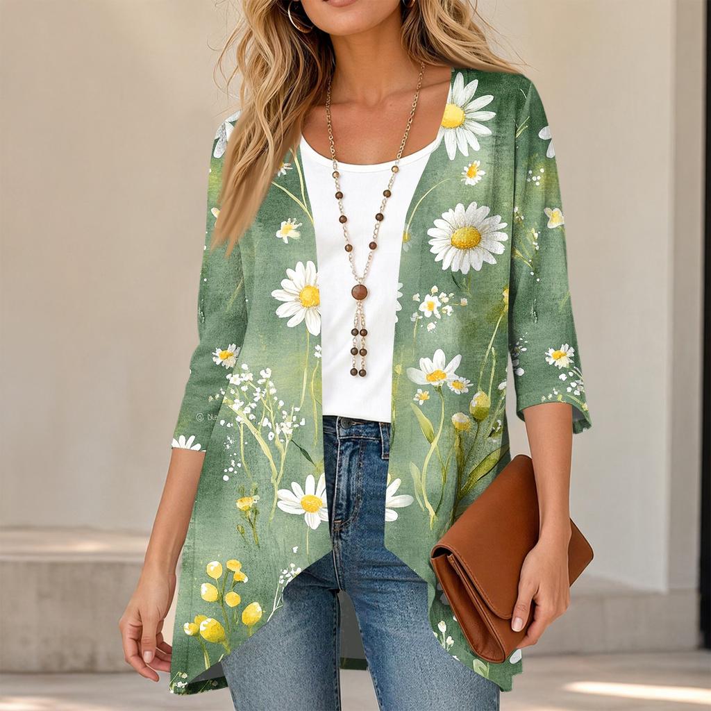 Women's Vintage Floral Print Three-Quarter Sleeve Lightweight Cardigan for Casual Daily Wear