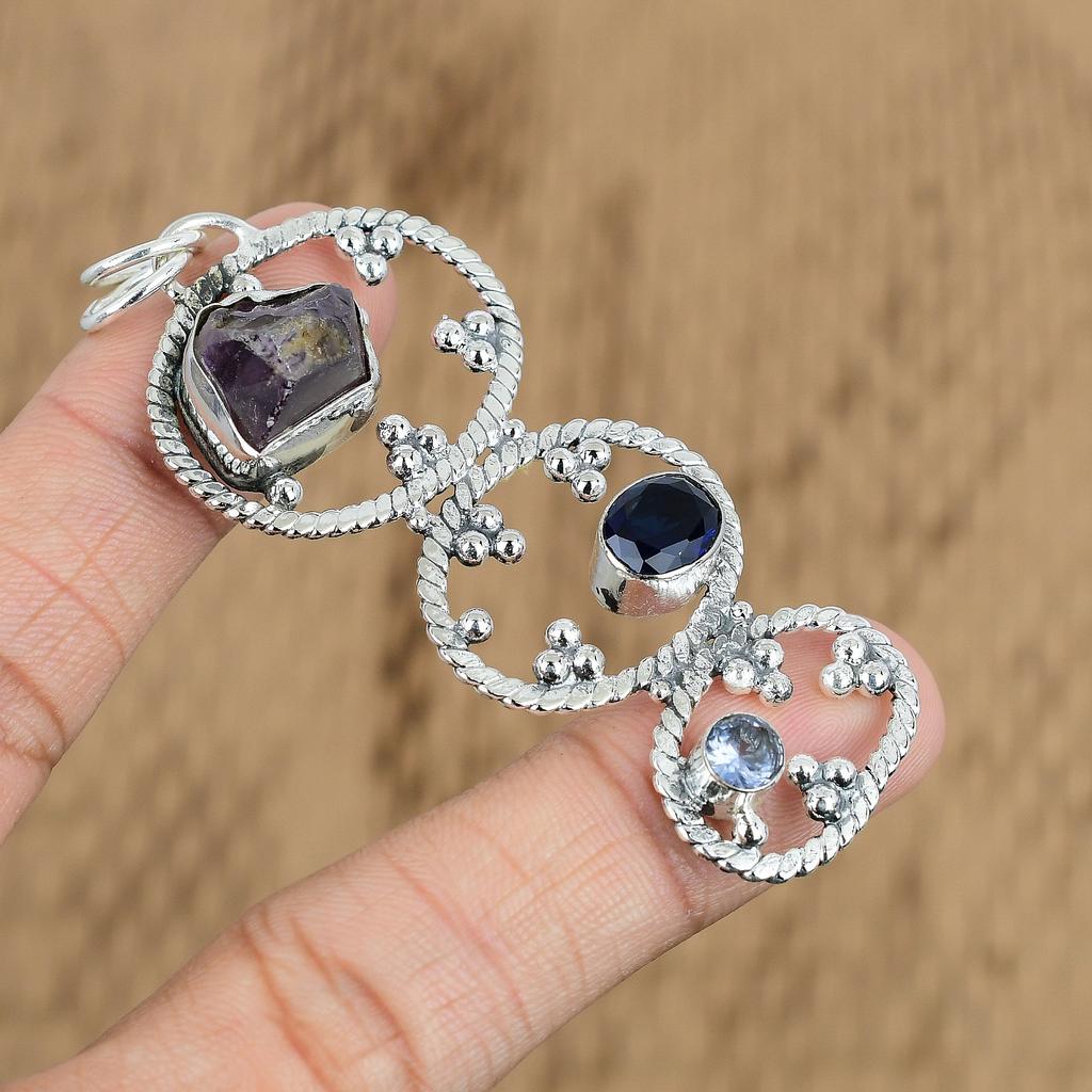 Natural African Amethyst Tanzanite Quartz Artisan Pendant 925 Sterling Silver