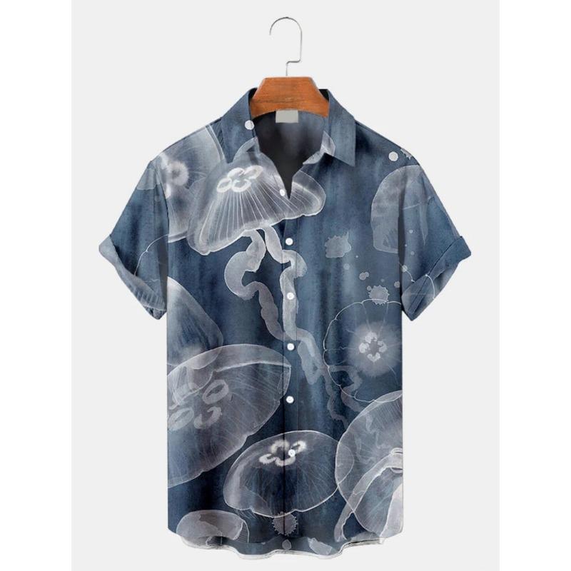 Fashion Men's Casual Sea Life Graphics Short Sleeve Shirt Button Down Lapel Shirts Oversized Tops Casual Hawaiian Shirt for Man