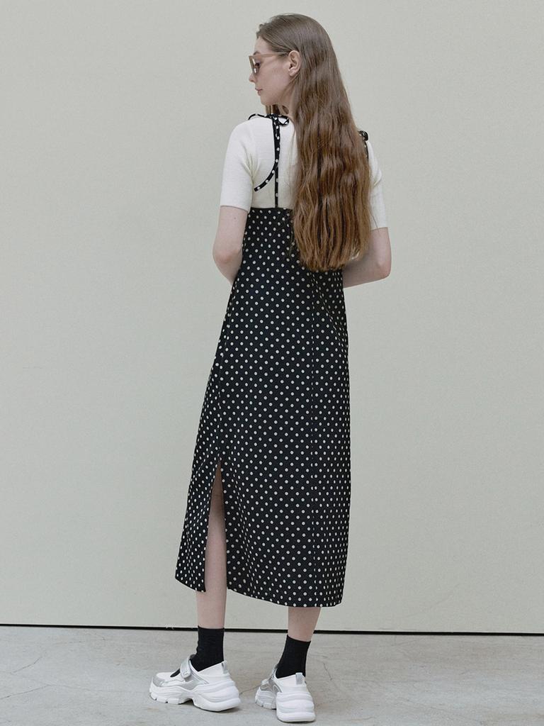 Avang Dot Shirring Long Dress - Black