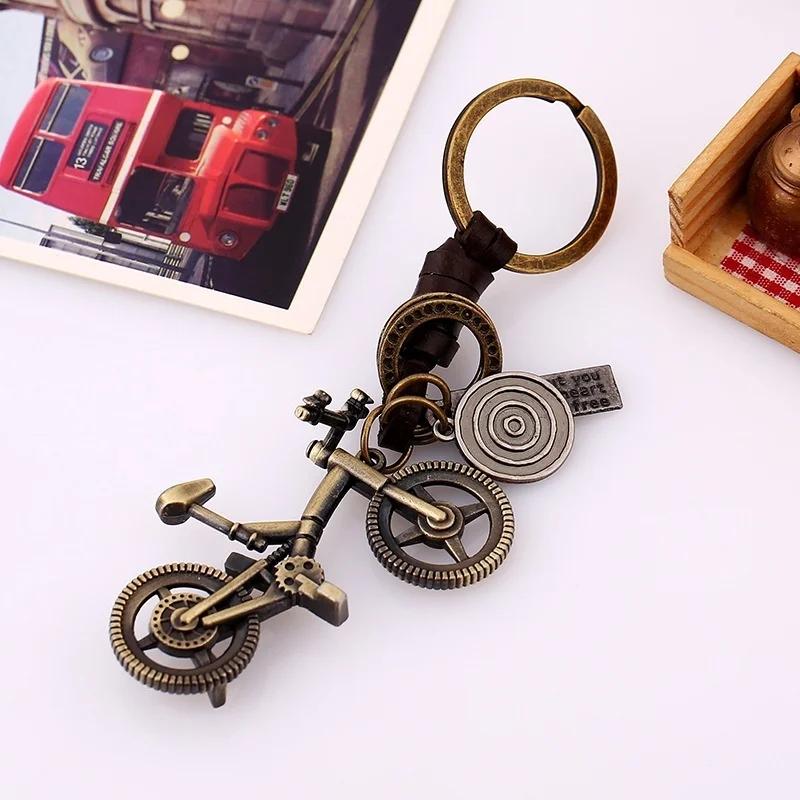 Vintage Bronze Bicycle Bike Keychain Mens Charm Punk Keyring Handmade Genuine Leather Key Chains.