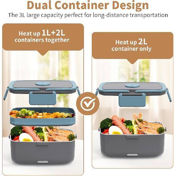 Electric Lunch Box for Adults – 90W Portable Food Warmer with 2L Stainless Steel & 1L Fruit Container, 12V/24V/110V Heated Lunch Box for Car,