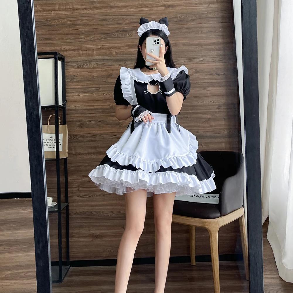 Maid Dress Uniform Sexy Lingerie for Women Cosplay Costume Cat Hollow Suit Role Play Lace Lolita Outfit