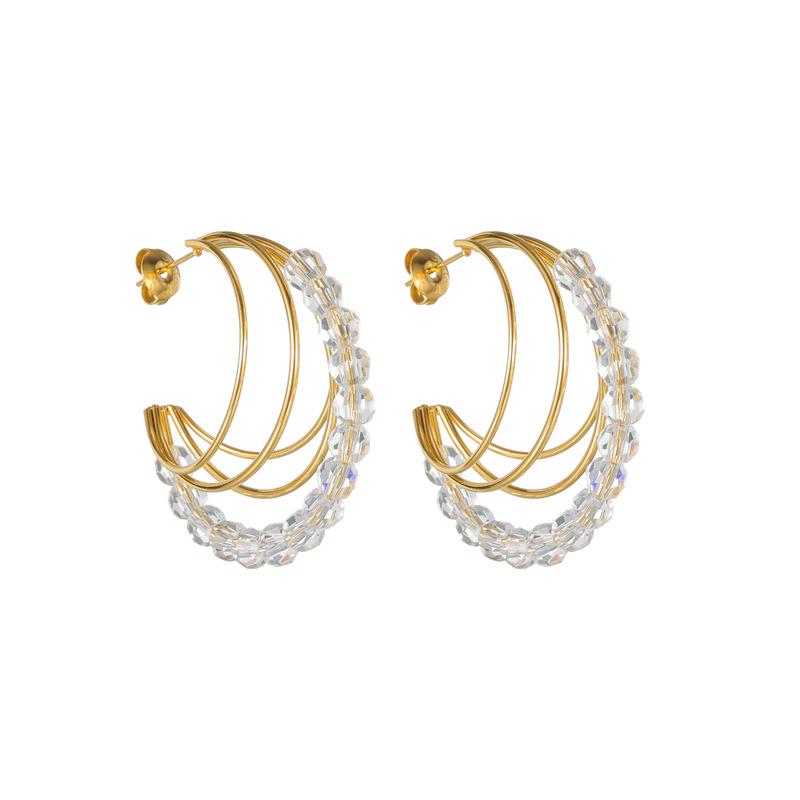 18k Gold Stainless Steel Geometric C-Shaped Beaded Earrings for Women - Elegant Fashion Jewelry