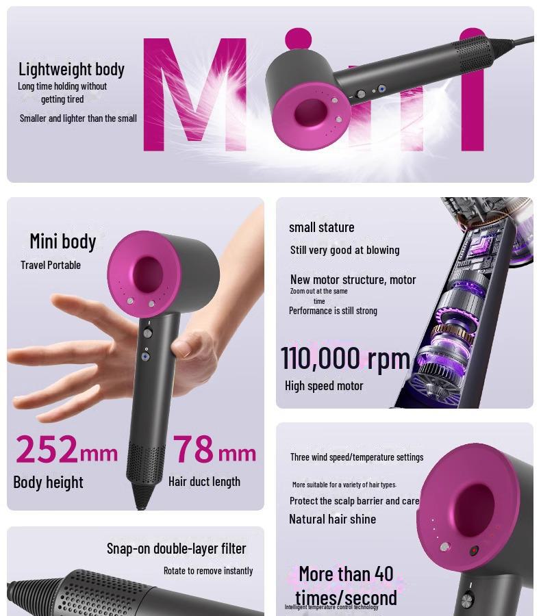 Leafless High-Speed Silent Hair Dryer with Negative Ion Technology for Home and Dorm Use.